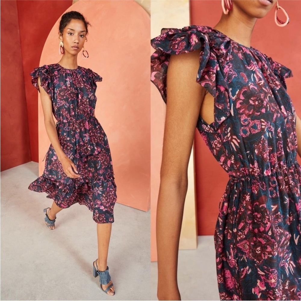 Ulla Johnson Arlene Midi Dress Midnight Floral Navy Pink‎ Size 2 Cinchable Waist